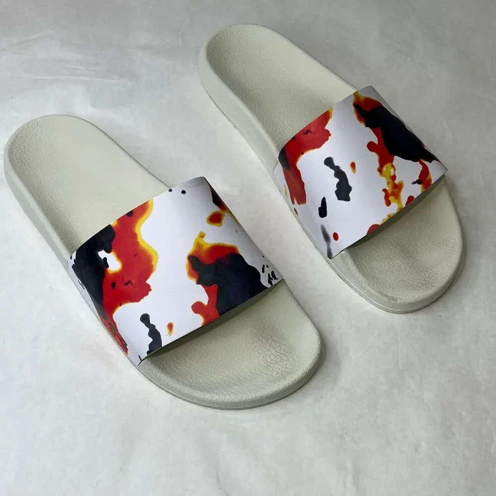 Under Armour Mens Size 14 White Slides With Abstract Red & Black Splatter Design